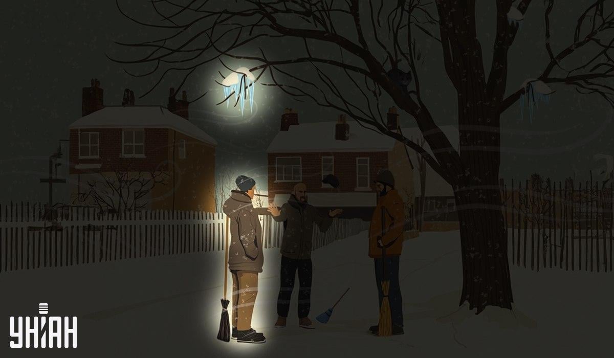 Salah satu janitor berdiri di bawah icicles yang digantung di kolaj pokok / unian